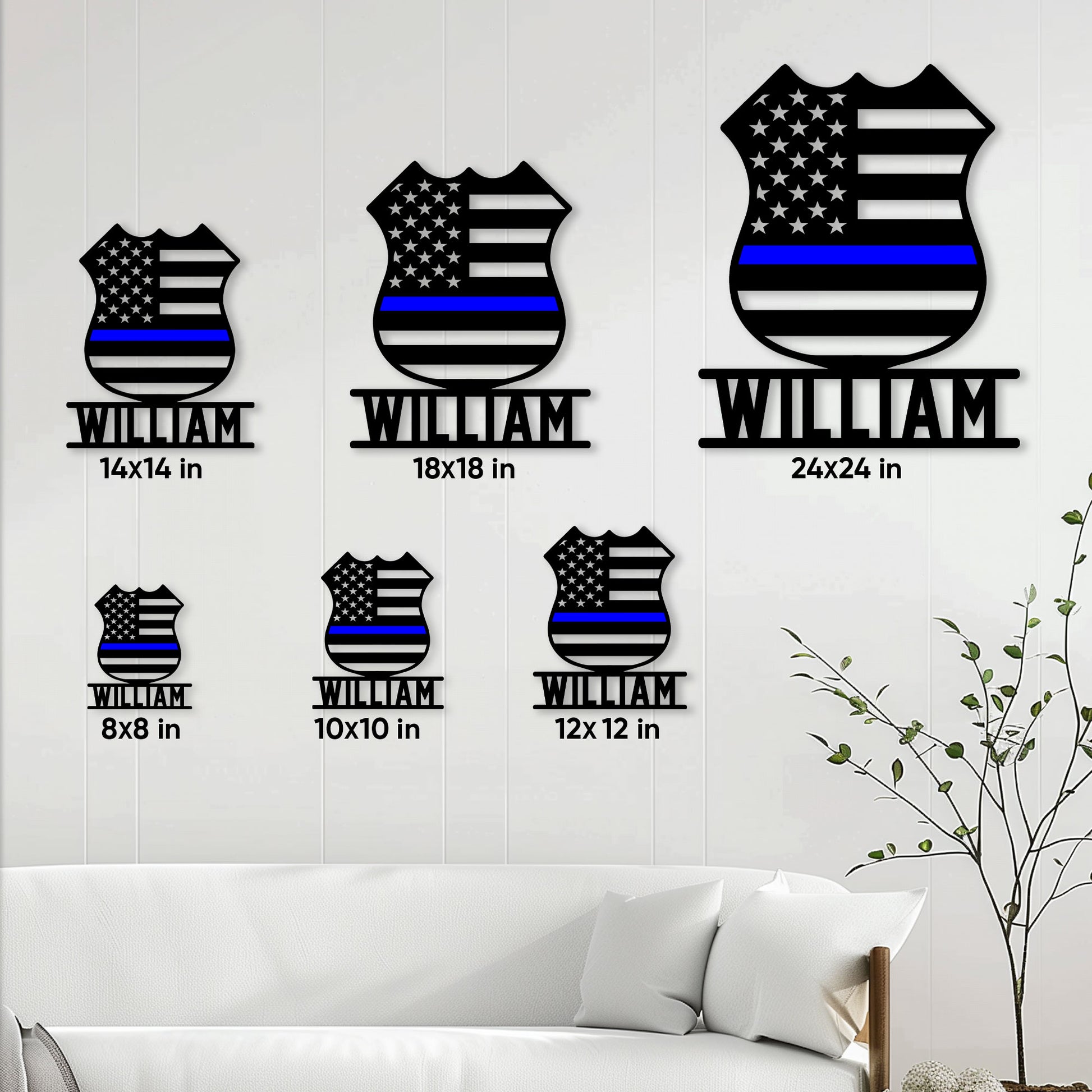 Police badge metal sign size guide showing six available square dimensions from 8 by 8 to 24 by 24 inches