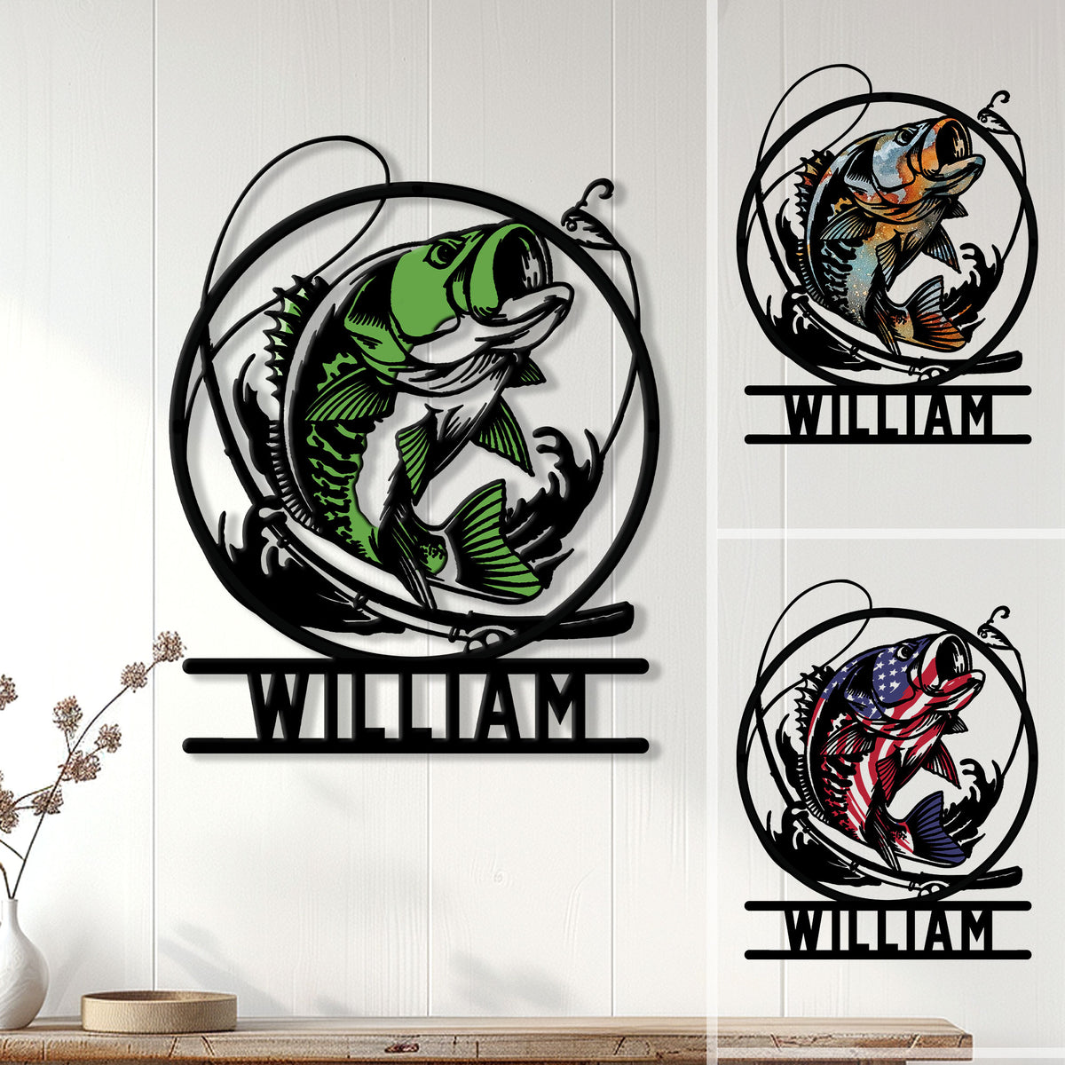 Bass fishing metal sign displayed on a wall with green, patriotic, and rustic fish color options