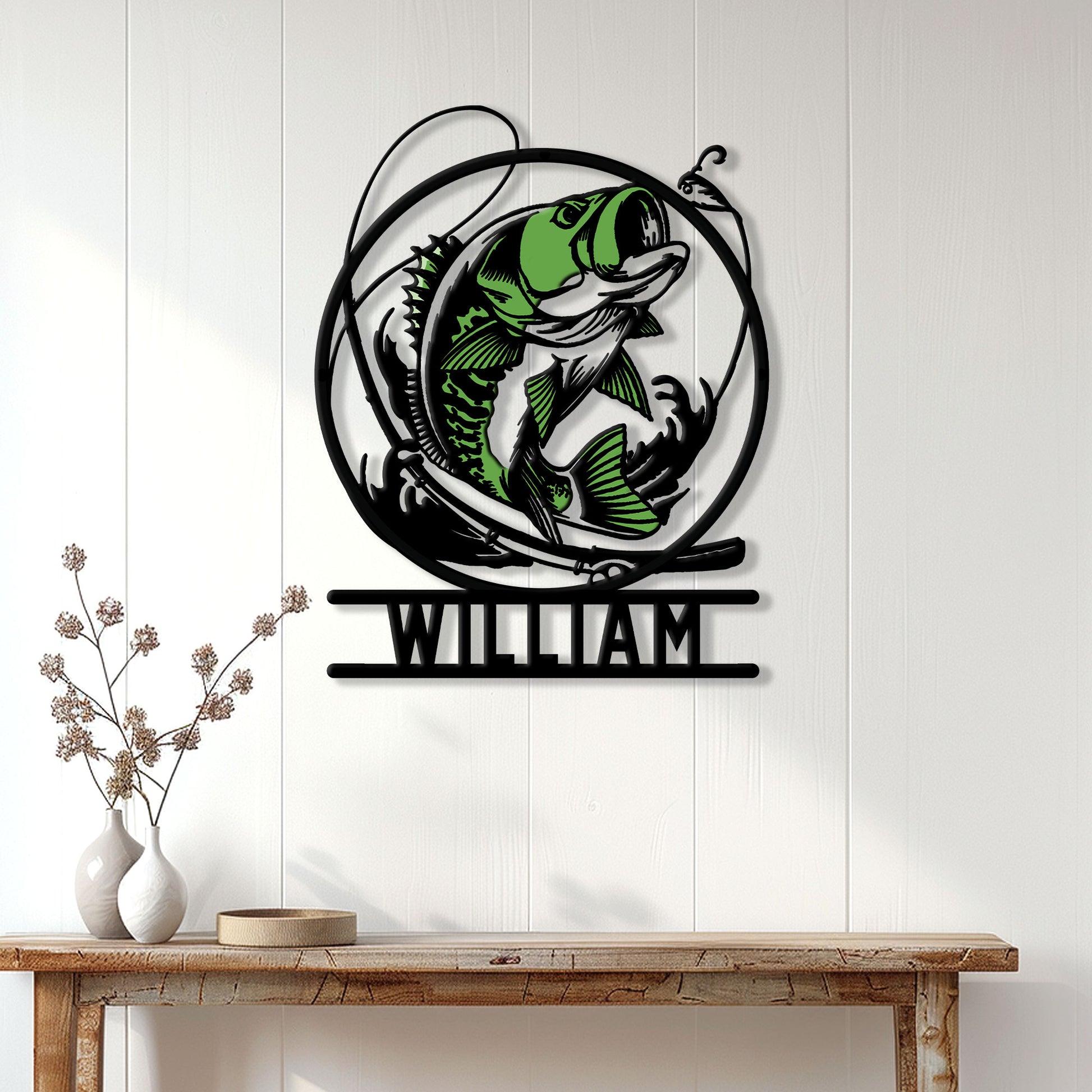 Custom bass fishing wall sign displayed above a console table in a bright home interior