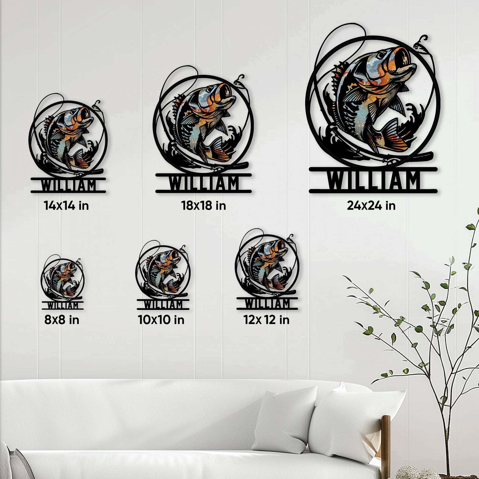 Bass fishing metal sign size guide showing options from 8 by 8 to 24 by 24 inches