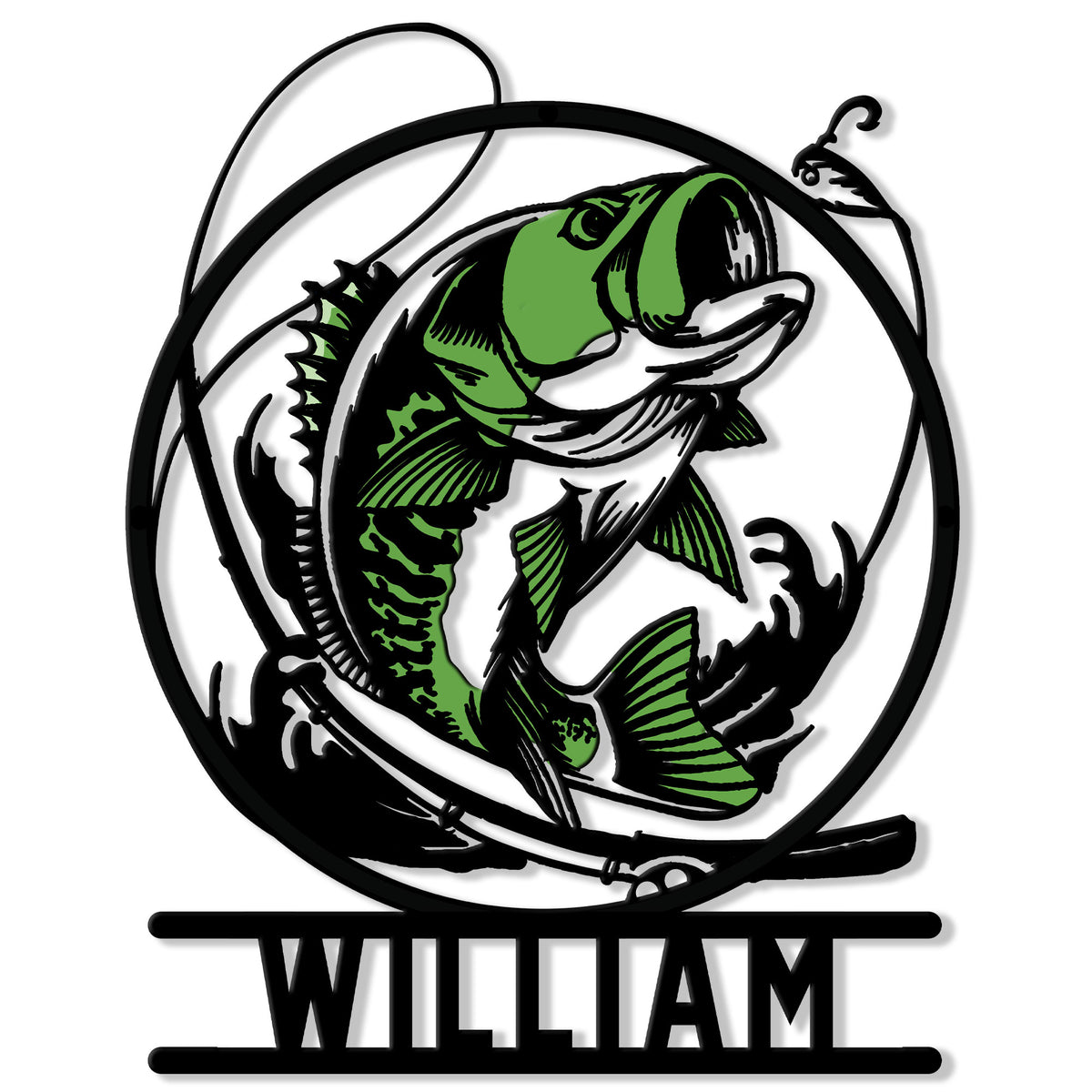 Close-up of a green largemouth bass in a circular fishing design on a metal wall sign