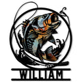 Close-up of a rustic multicolor bass illustration inside a circular fishing metal sign