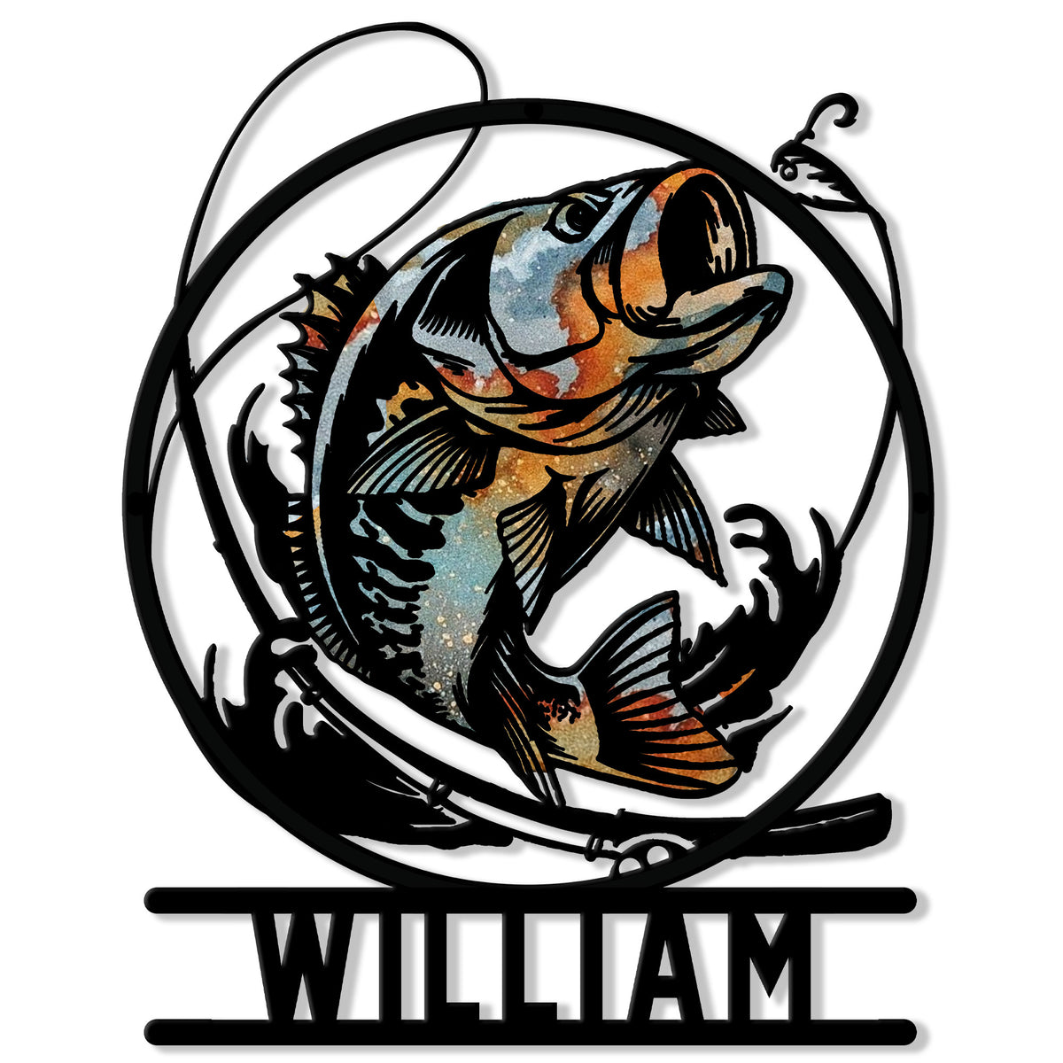 Close-up of a rustic multicolor bass illustration inside a circular fishing metal sign