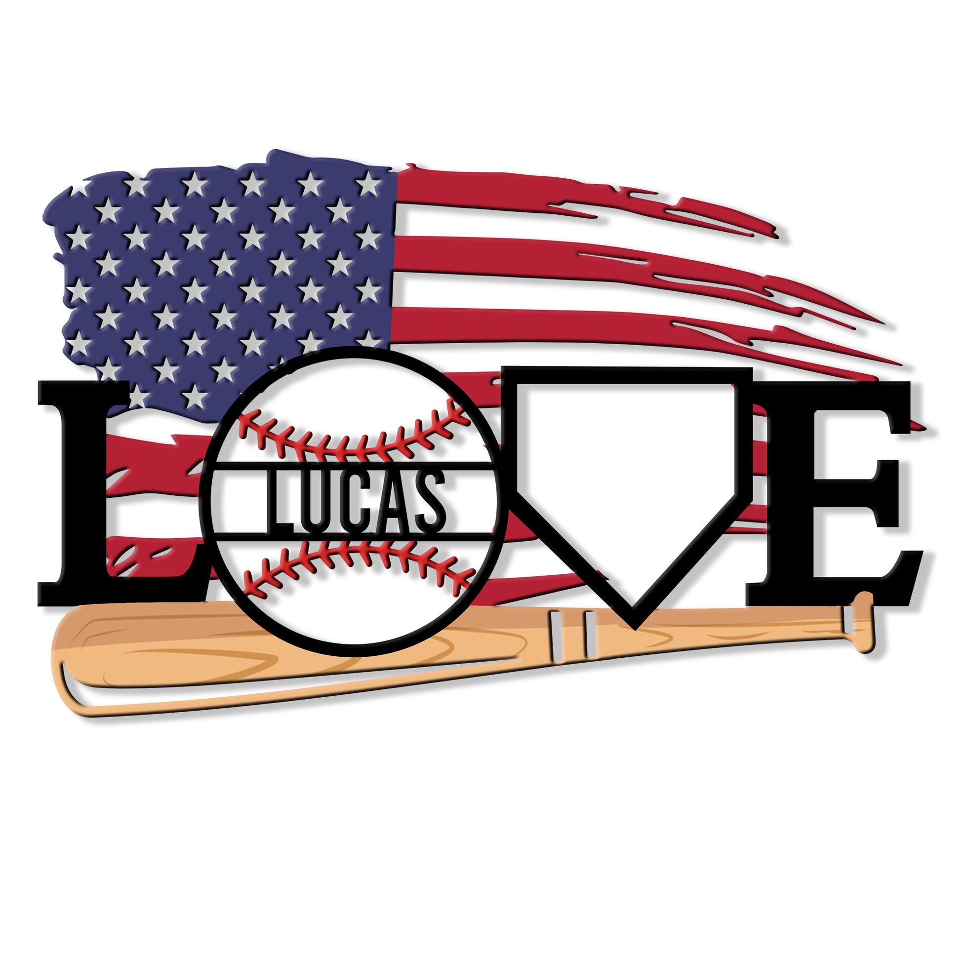 Custom baseball metal sign featuring a baseball, bat, bold LOVE lettering, and an American flag design