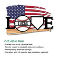 Cut metal baseball sign with a patriotic flag background, baseball centerpiece, bat, and LOVE-inspired design