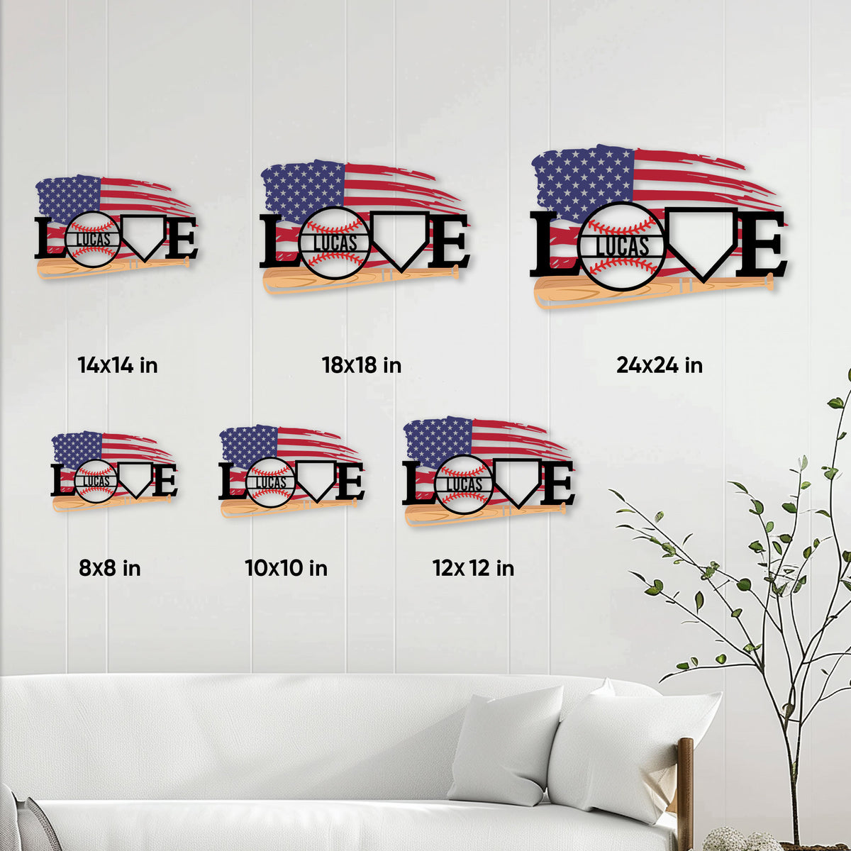 Baseball LOVE metal sign shown in multiple size options for different wall decor spaces