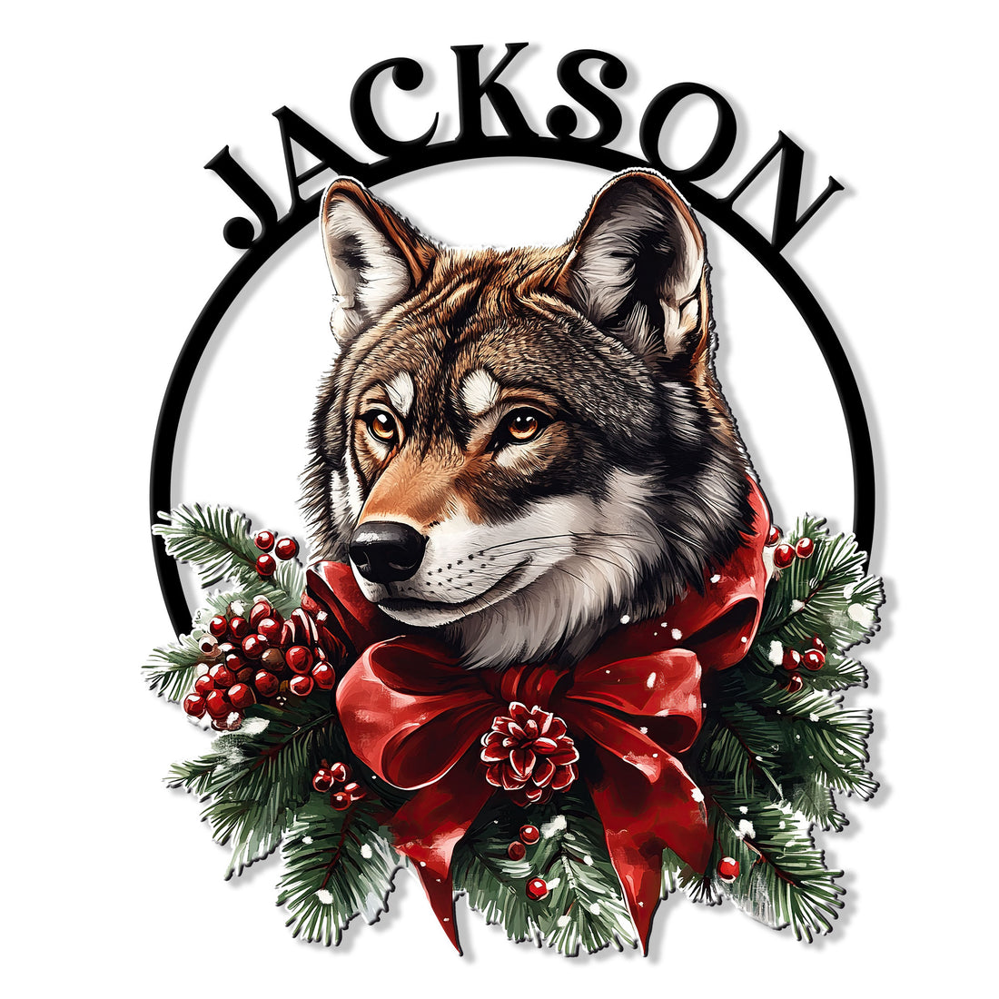 Christmas wolf metal sign featuring a detailed wolf portrait framed by evergreen branches, berries, and a red bow