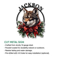 Wolf Christmas metal sign feature guide showing the festive wolf portrait and cut metal sign presentation