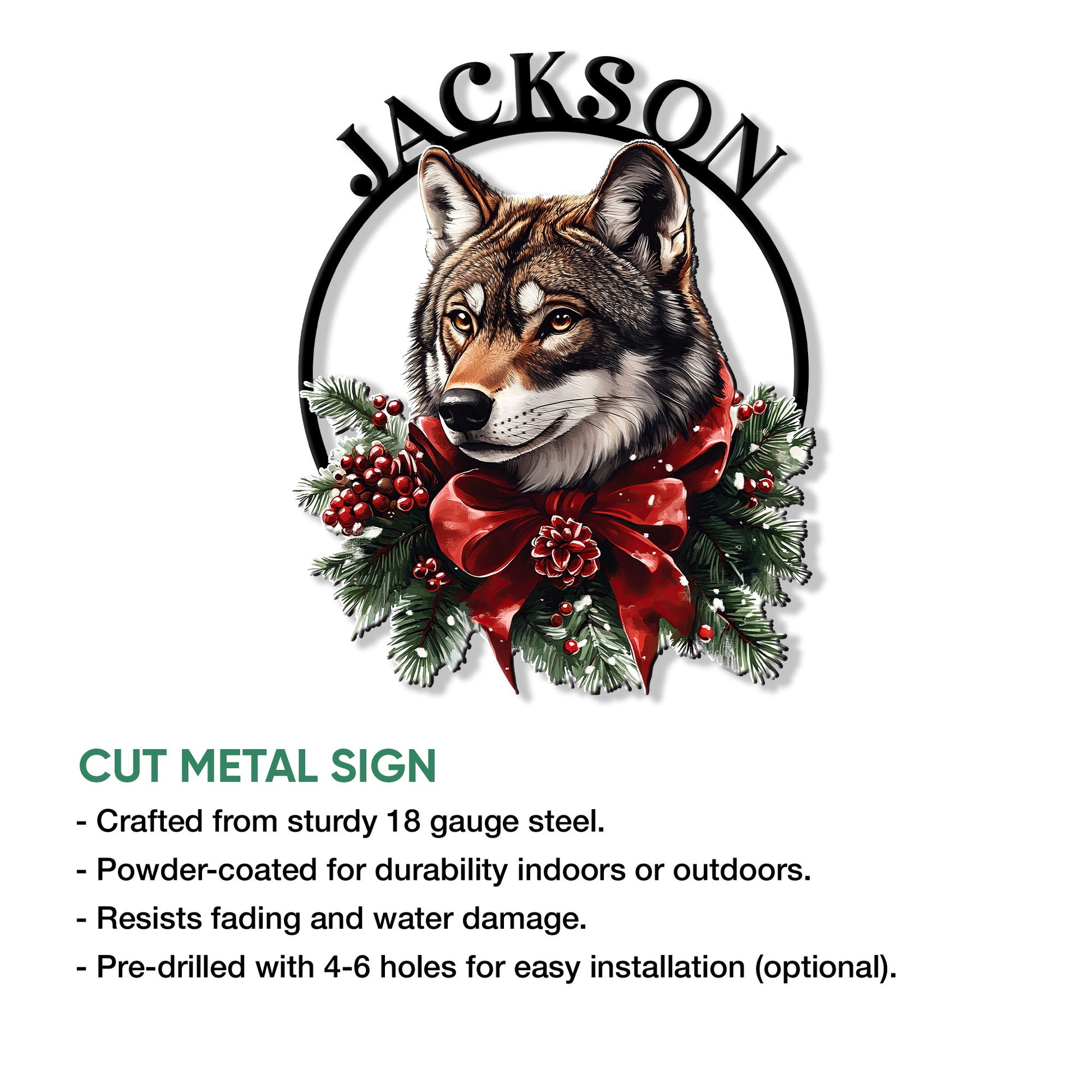 Wolf Christmas metal sign feature guide showing the festive wolf portrait and cut metal sign presentation
