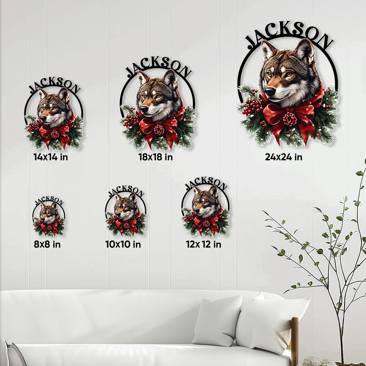 Wolf Christmas metal sign size guide showing six available square sign sizes in a living room setting