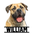 Custom English Mastiff metal sign featuring a detailed happy dog portrait with bold geometric framing