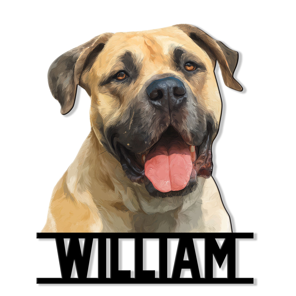 Custom English Mastiff metal sign featuring a detailed happy dog portrait with bold geometric framing