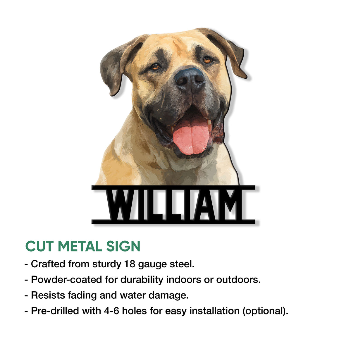 English Mastiff cut metal sign feature graphic showing the portrait design and mounting options