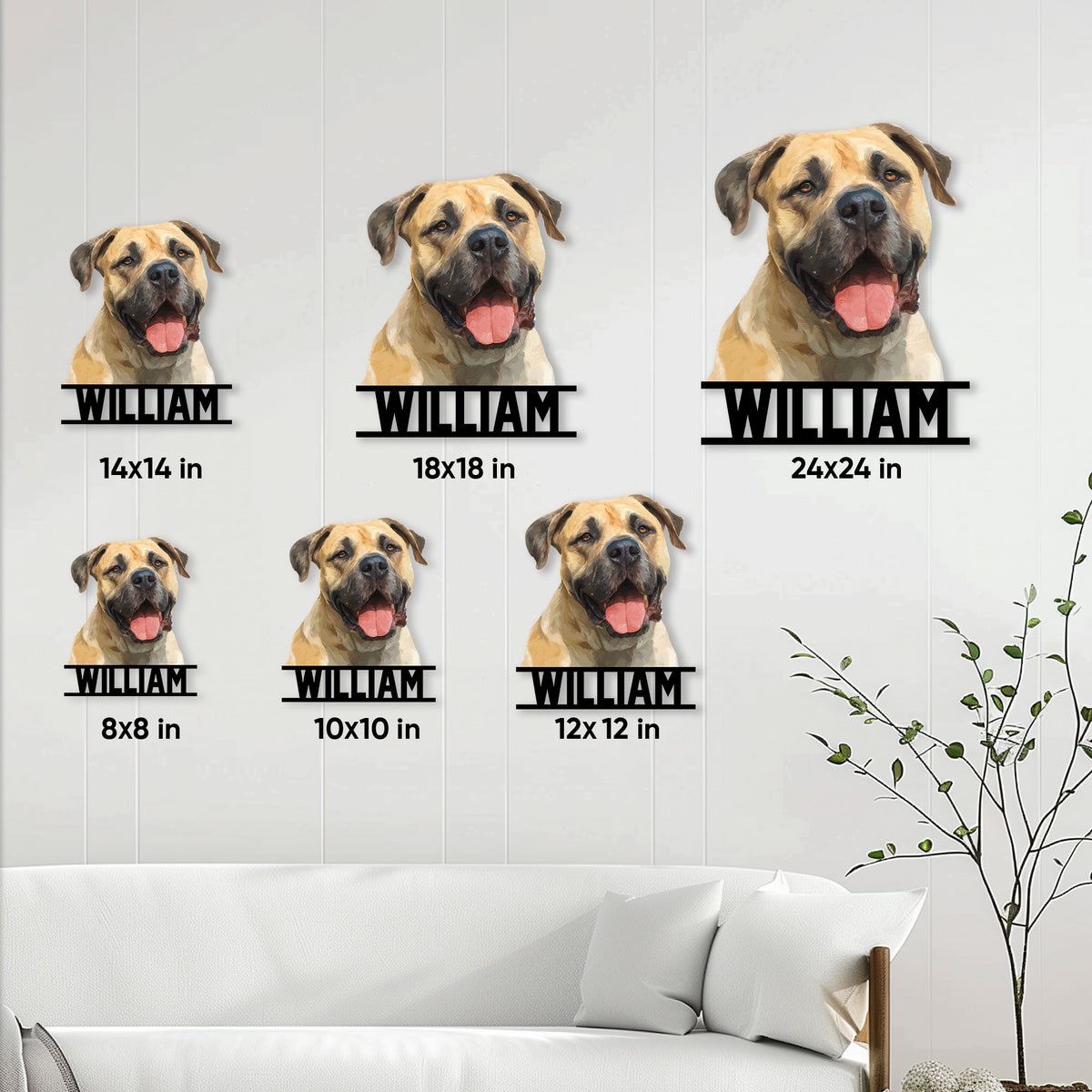 English Mastiff metal sign size guide showing six square size options from 8x8 to 24x24 inches