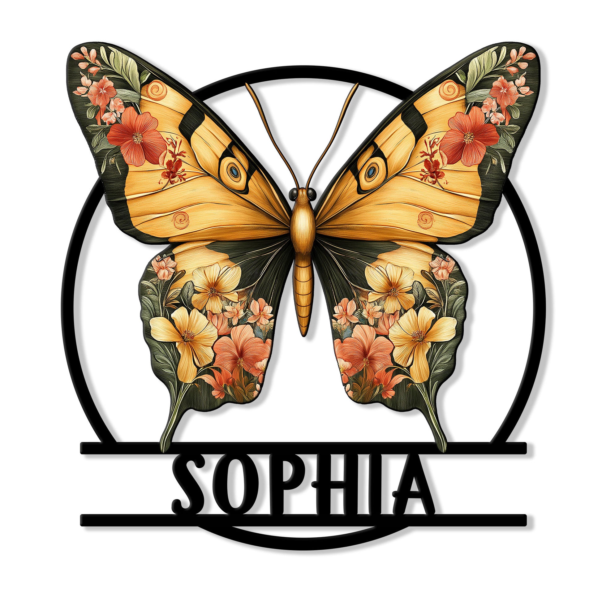 Floral butterfly metal sign with warm orange wings, colorful flowers, and a circular black frame