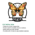 Decorative butterfly metal sign shown with a floral wing design and cut-metal product features