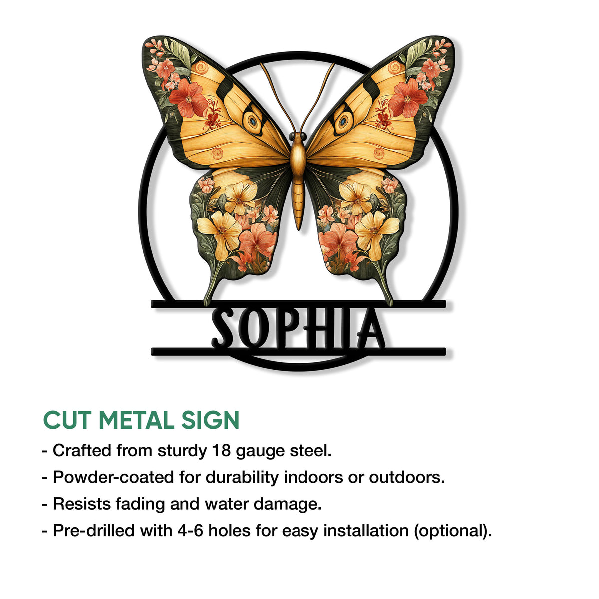 Decorative butterfly metal sign shown with a floral wing design and cut-metal product features