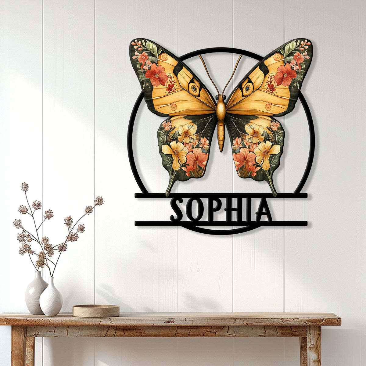 Floral butterfly wall sign displayed above a console table in a bright, nature-inspired home