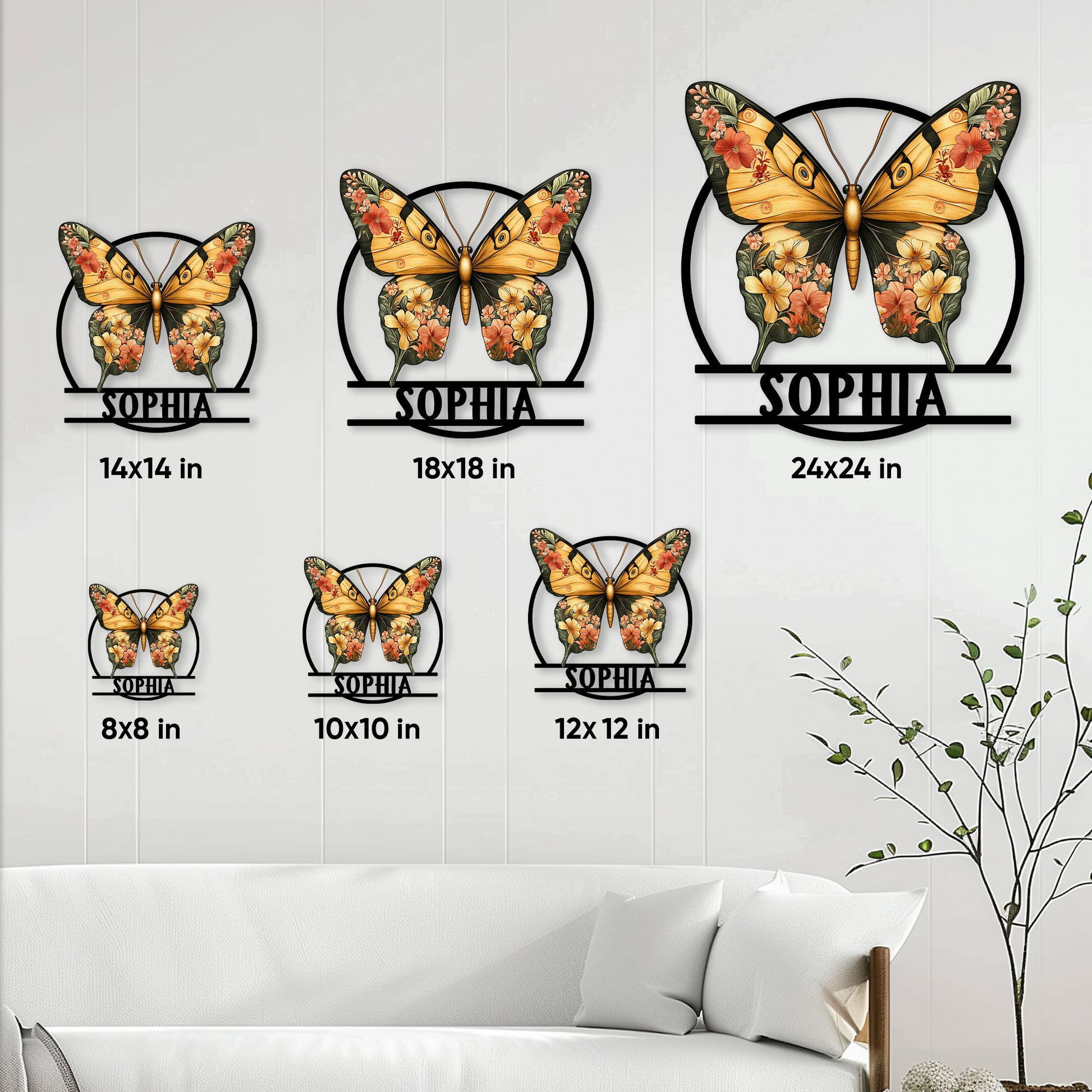 Butterfly metal sign size guide showing multiple available dimensions in a living room setting