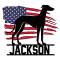 Custom Greyhound metal sign featuring a black greyhound silhouette over a distressed American flag design