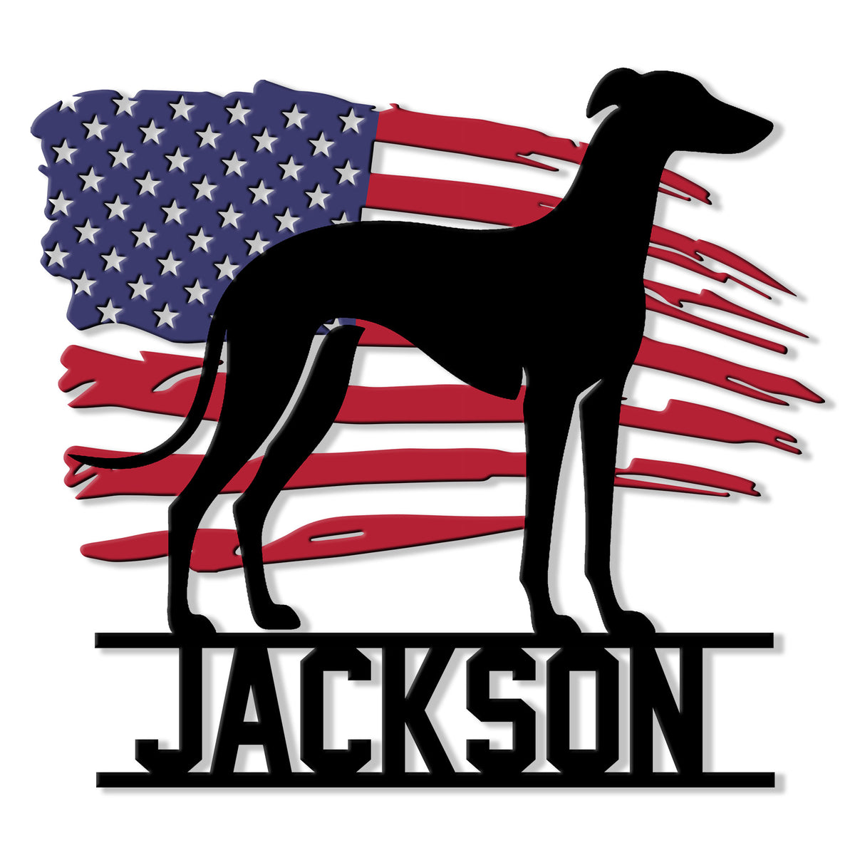 Custom Greyhound metal sign featuring a black greyhound silhouette over a distressed American flag design