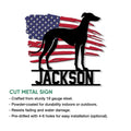 Greyhound cut metal sign with a patriotic American flag silhouette and bold lower name detail