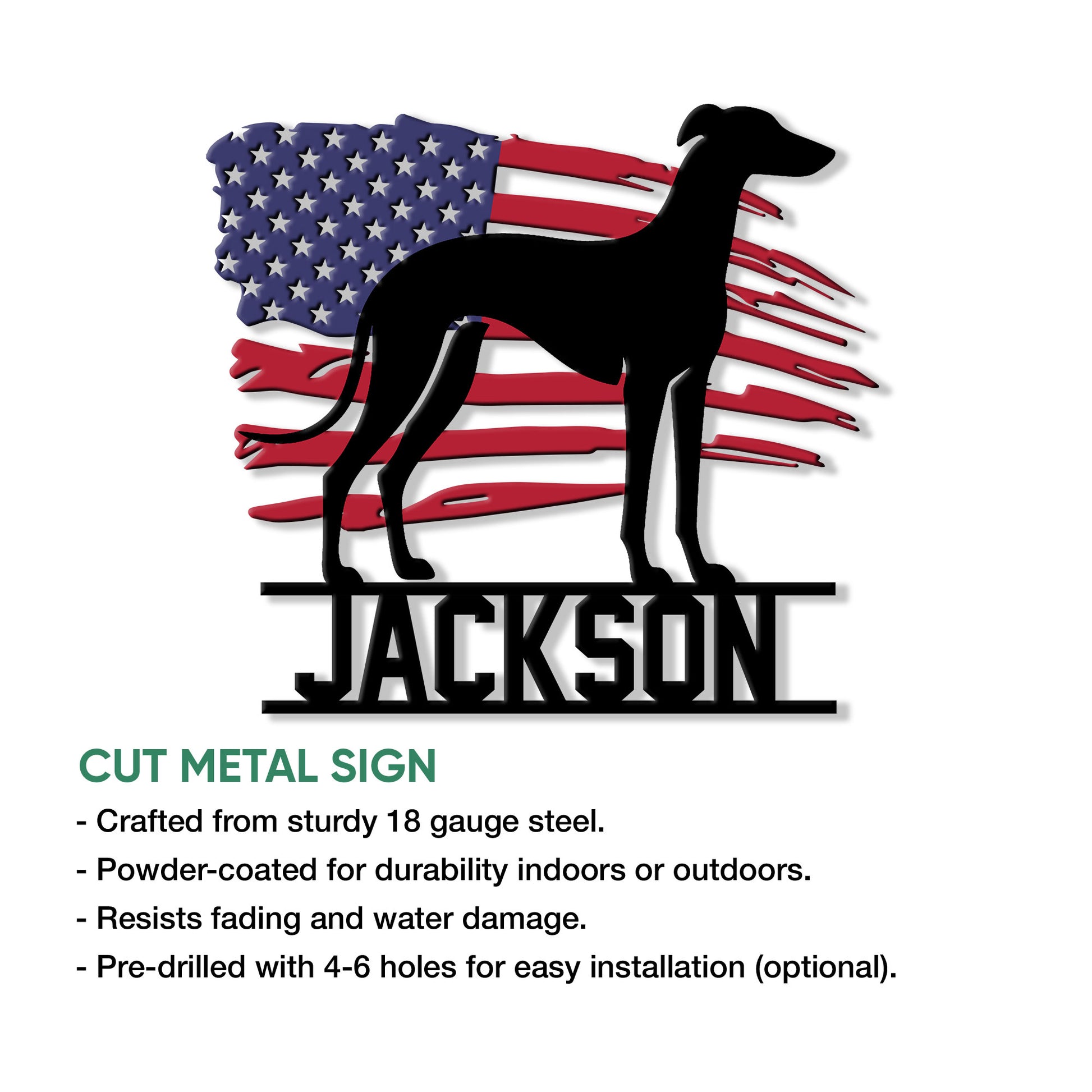 Greyhound cut metal sign with a patriotic American flag silhouette and bold lower name detail