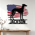 Patriotic greyhound wall decor displayed on a white paneled wall above a console table