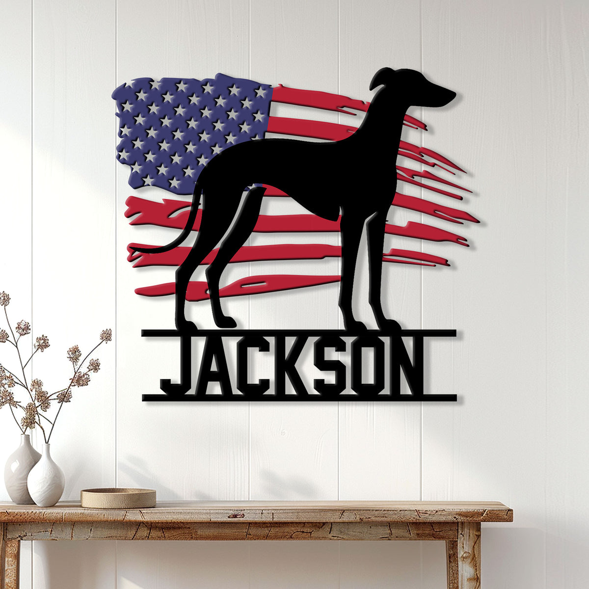 Patriotic greyhound wall decor displayed on a white paneled wall above a console table