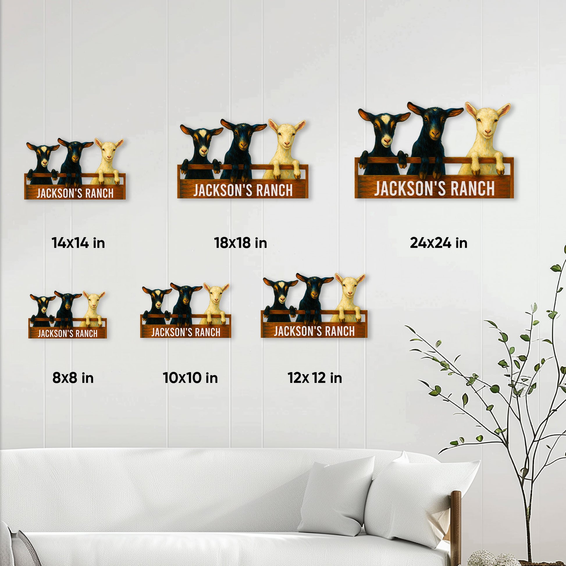 Goat ranch metal sign size guide showing available square sizes from 8x8 to 24x24 inches