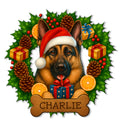 German Shepherd wearing a Santa hat with gifts, holly, pinecones, and citrus on a Christmas metal sign