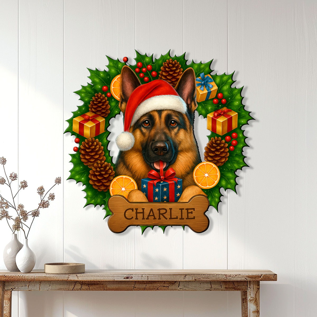 German Shepherd Christmas wall sign displayed on a white paneled wall above a console table