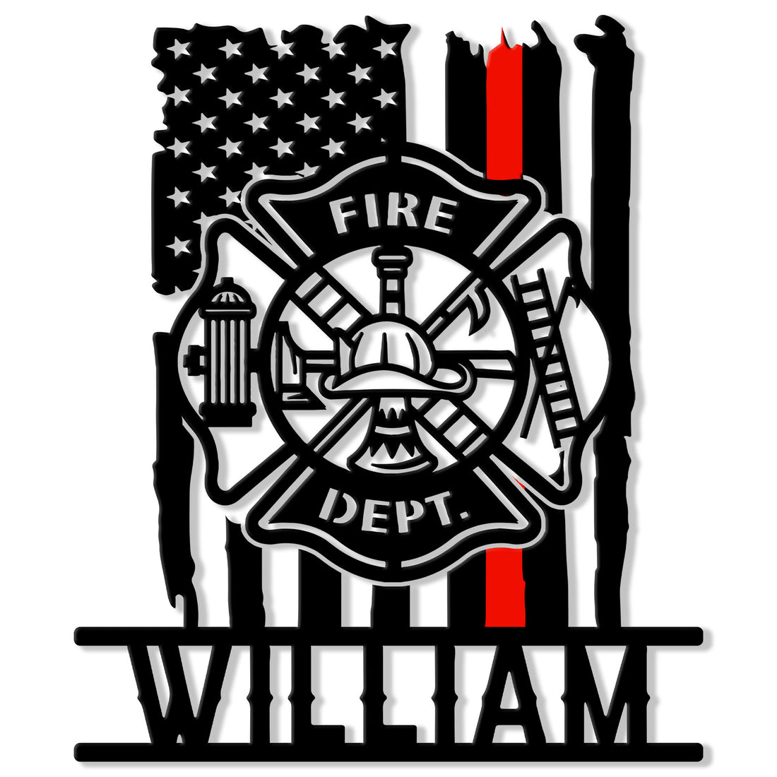 Custom firefighter metal sign featuring a Maltese cross, helmet, crossed axes, American flag, and red stripe