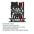Firefighter metal sign product infographic highlighting the cut-metal design and display features