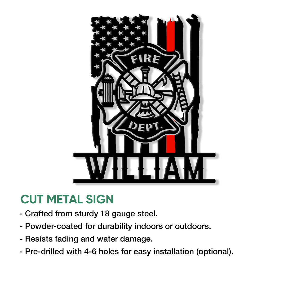 Firefighter metal sign product infographic highlighting the cut-metal design and display features
