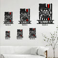 Firefighter metal sign size guide showing six available square size options in a living room setting