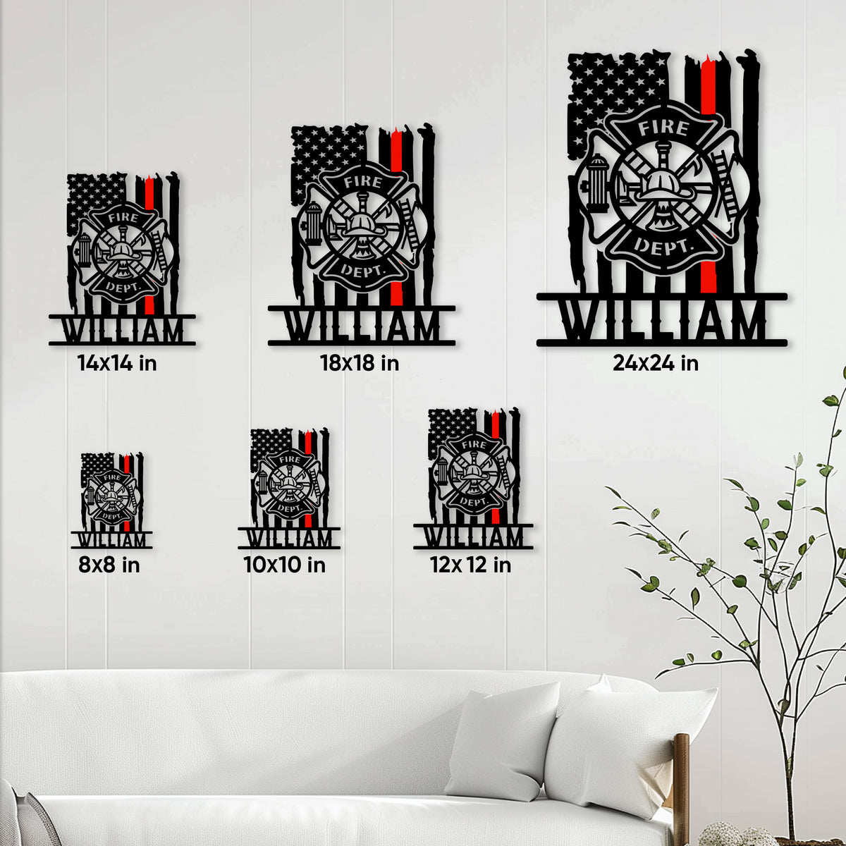 Firefighter metal sign size guide showing six available square size options in a living room setting