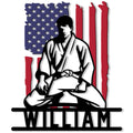 Jiu jitsu metal sign featuring a seated martial artist in a gi against a stylized American flag