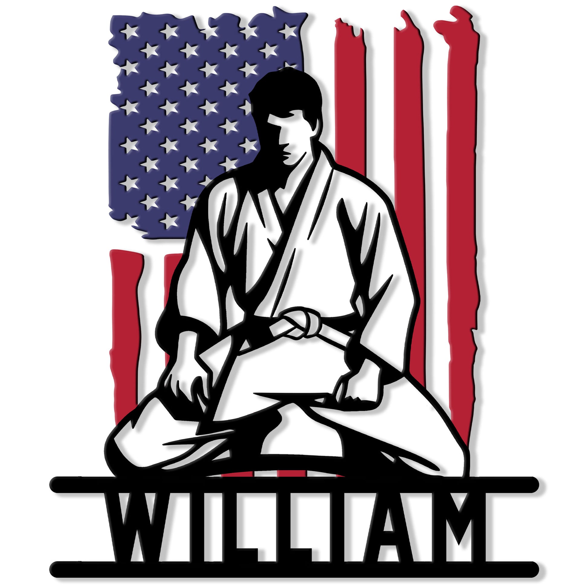 Jiu jitsu metal sign featuring a seated martial artist in a gi against a stylized American flag