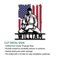 Jiu jitsu cut metal sign feature graphic showing the martial artist design and product presentation details