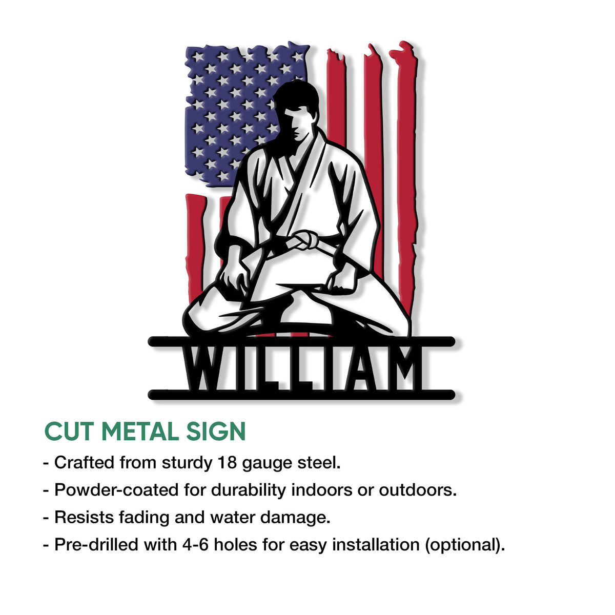 Jiu jitsu cut metal sign feature graphic showing the martial artist design and product presentation details