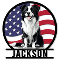 Border Collie metal sign featuring a seated black-and-white dog against an American flag backdrop