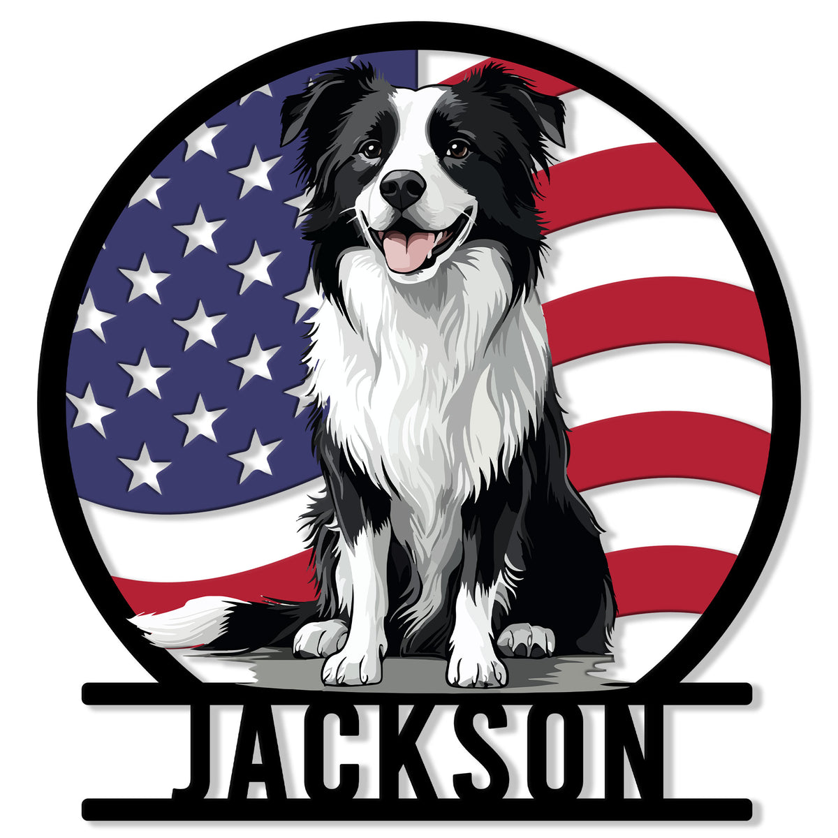 Border Collie metal sign featuring a seated black-and-white dog against an American flag backdrop