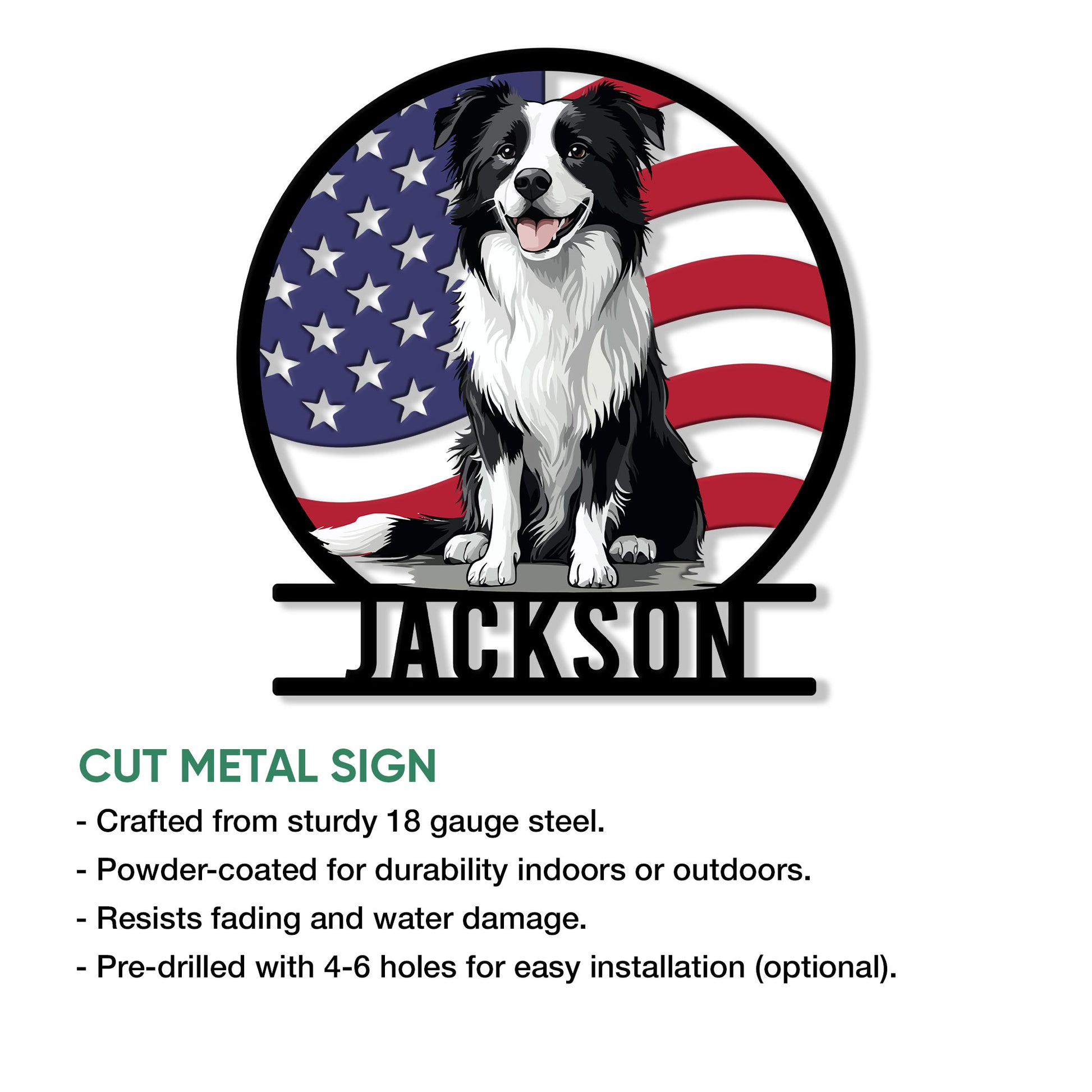 Border Collie cut metal sign product graphic showing patriotic artwork and display features