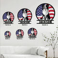 Border Collie metal sign size guide showing six available square size options in a living room