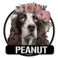 English Springer Spaniel metal sign with a floral crown portrait and bold black plaque design