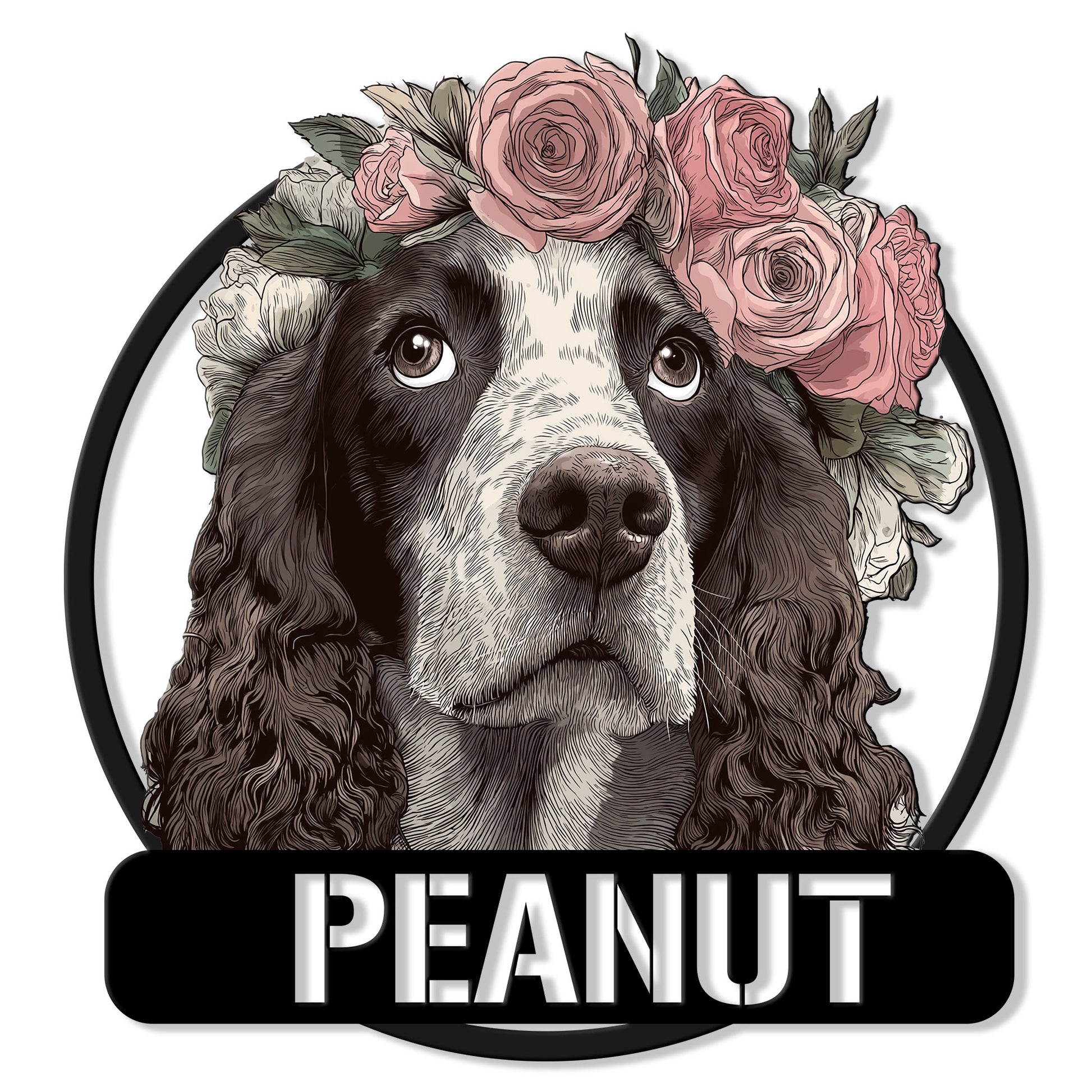 English Springer Spaniel metal sign with a floral crown portrait and bold black plaque design