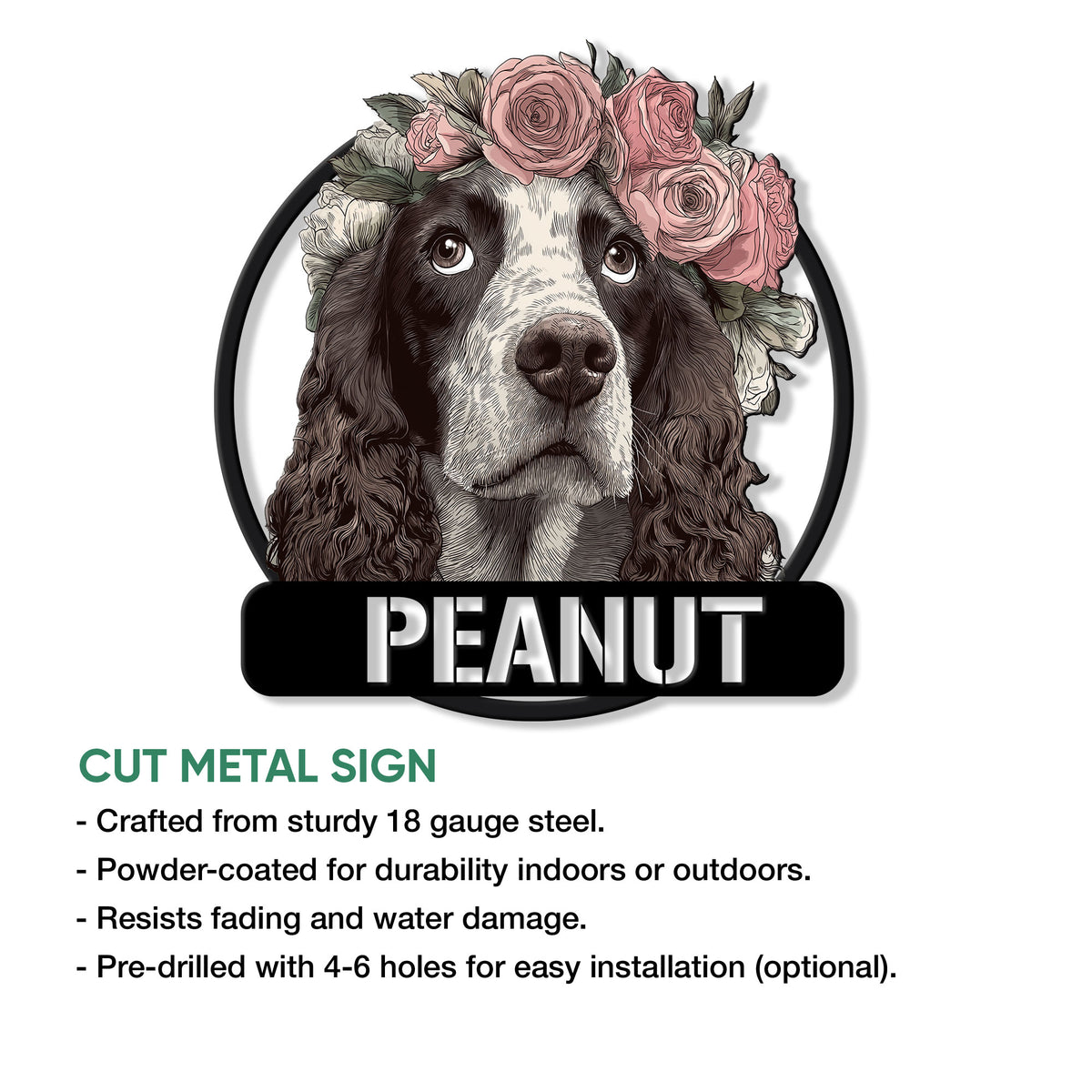 Cut metal sign featuring an English Springer Spaniel portrait surrounded by detailed flowers