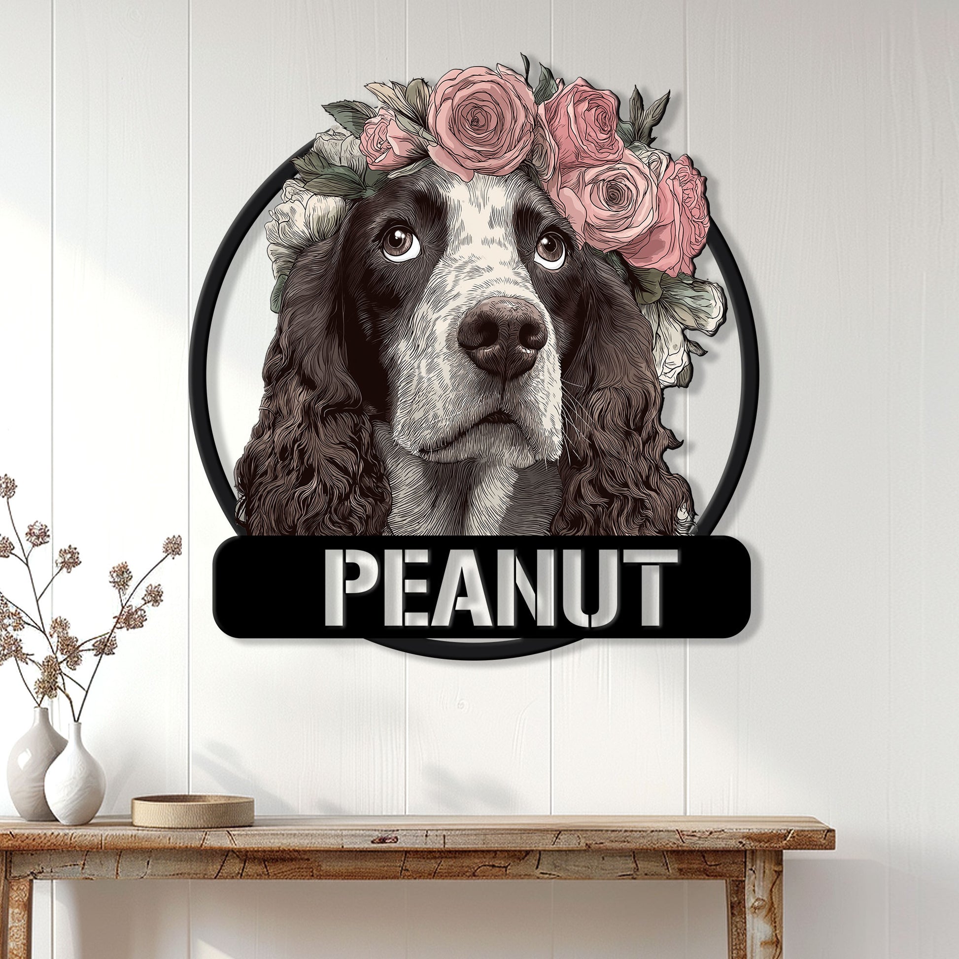 English Springer Spaniel wall sign displayed on a light paneled wall above a console table