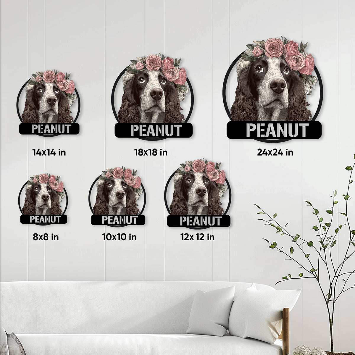 English Springer Spaniel metal sign shown in multiple sizes from 8x8 to 24x24 inches